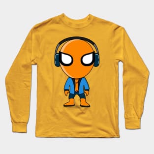 hero in orange and blue costume using headphones Long Sleeve T-Shirt